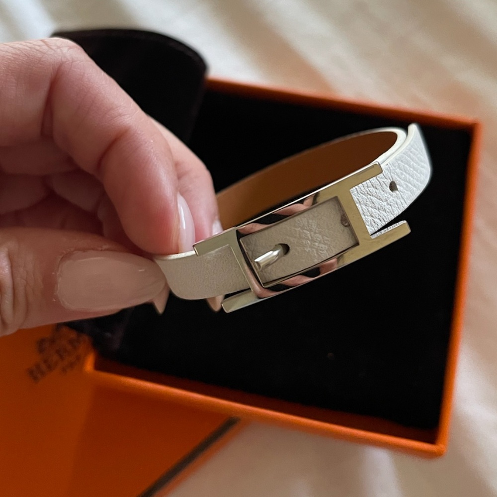 Hermes Behapi Silver H White Leather Bracelet, Size S